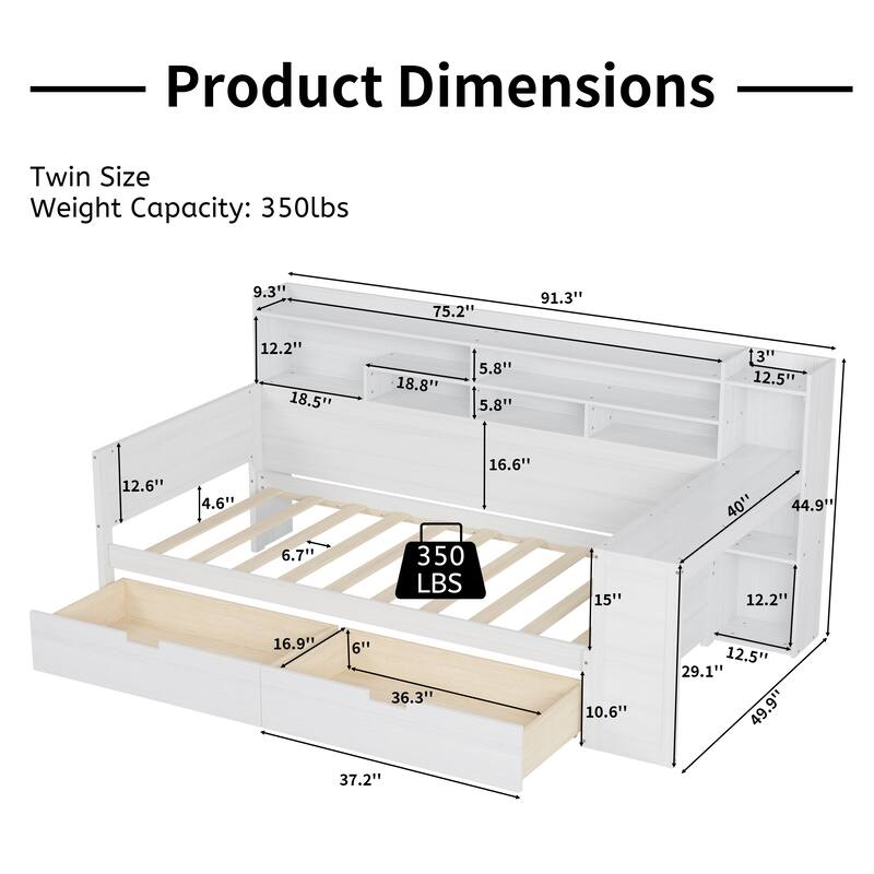 Twin Size Wooden Daybed Platform Bed with Recessed Desk Storage Shelves and 2 Drawers Under Bed for Compact Spaces, Bedroom