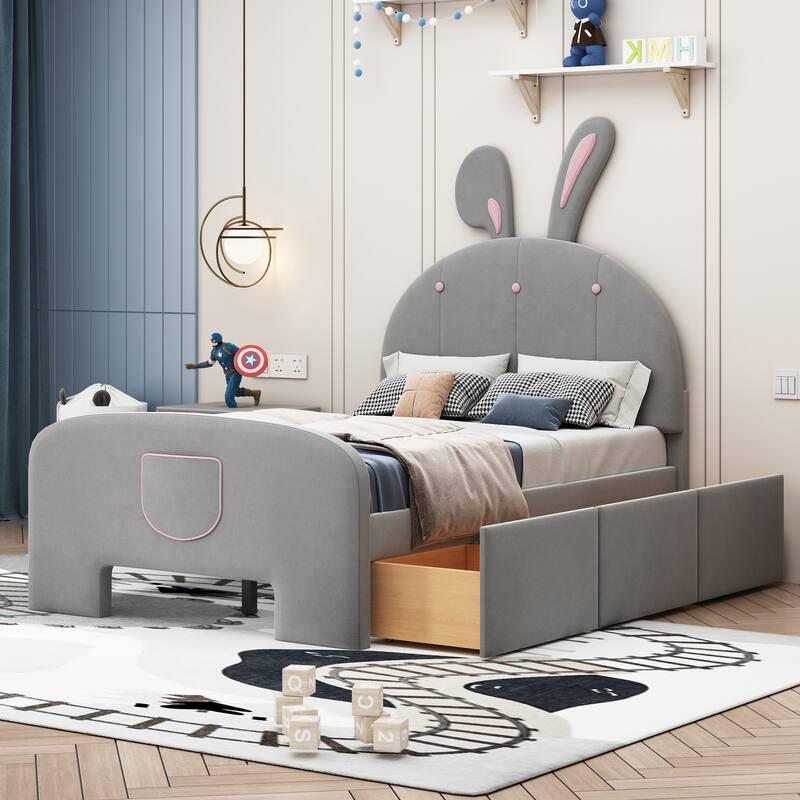 Adorable Velvet Platform Bed for Kids, Bunny Design with Drawers and Bed-End Storage Pockets, Twin/Full