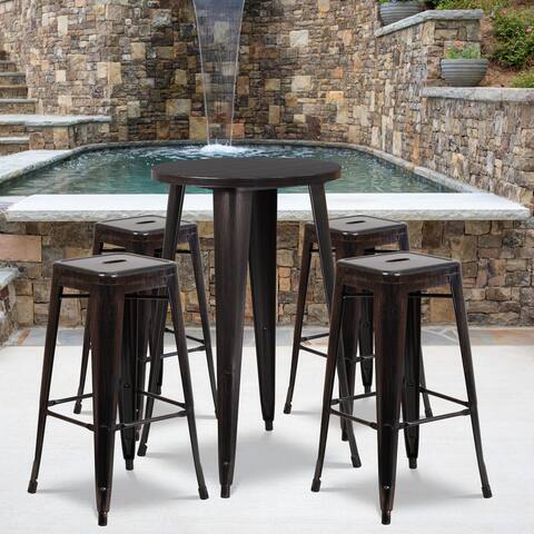 24'' Round Metal Indoor-Outdoor Bar Table Set with 4 Square Seat Backless Stools - 24"W x 24"D x 41"H
