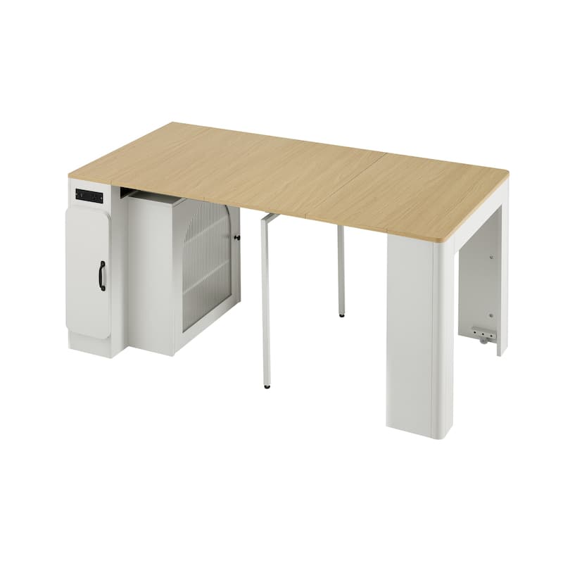 Extendable Kitchen Island Table with 3 Removable Leaves, Power Outlet & Storage Cabinet