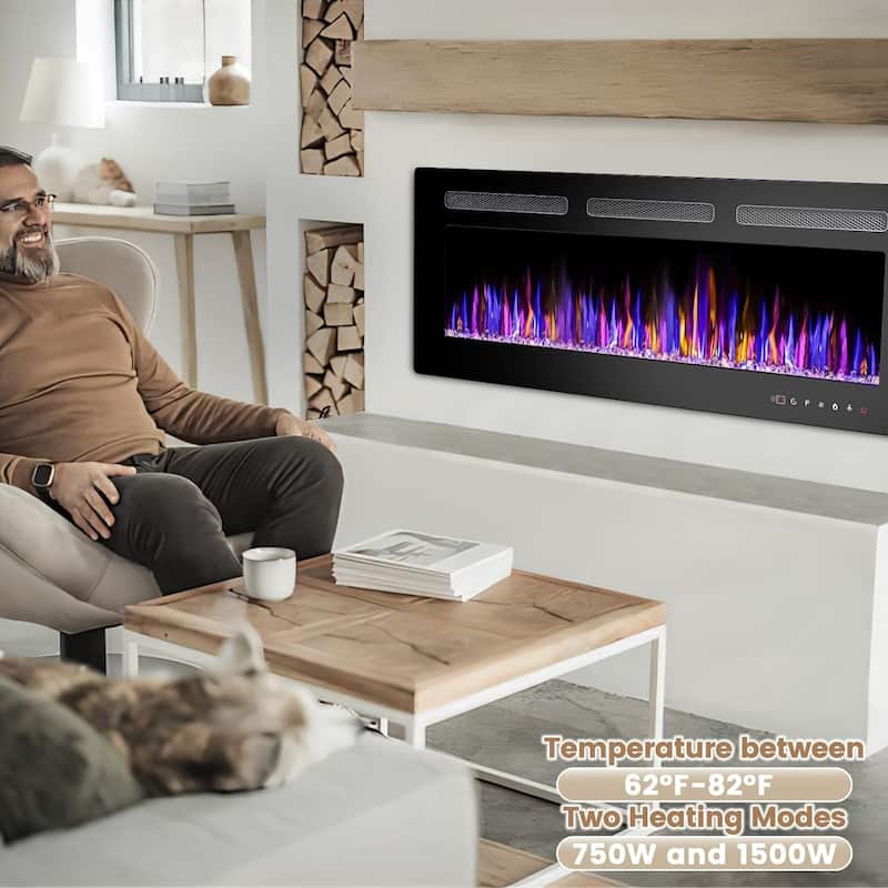 BOSSIN Electric Fireplace Wall Mounted and Recessed with Remote Control, 750/1500W Ultra-Thin Wall Fireplace Heater, Low Noise