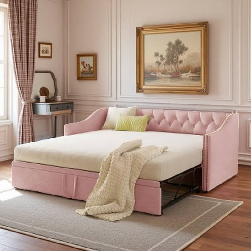 Twin Size Upholstered Daybed with Pop-Up Trundle, Expandable from Twin to King, Velvet with Armrests - Pink