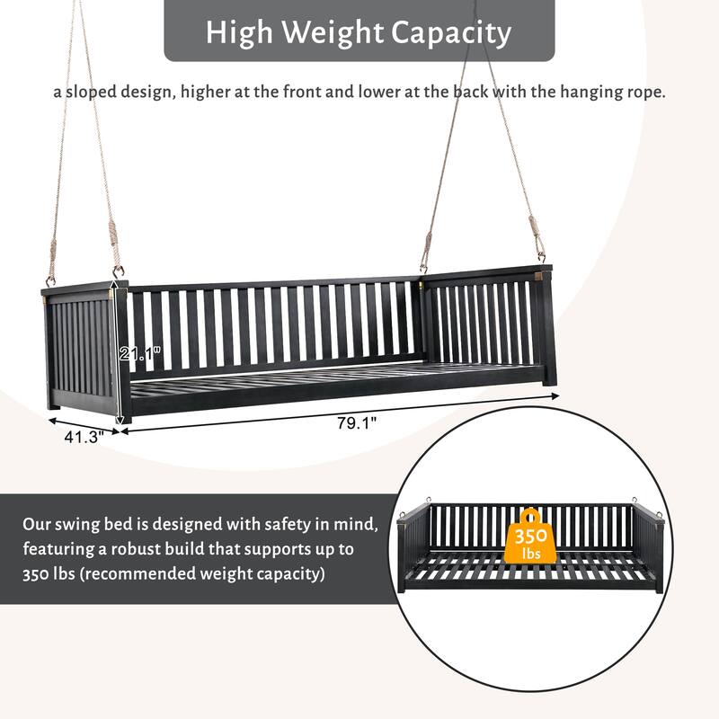 Acacia Wood Twin-Size Porch Swings Bed with 350lb Capacity, Includes Hemp Ropes and Sloped Safety Design