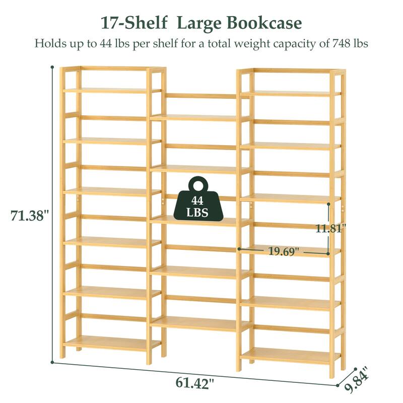 6-Tier Solid Bamboo Bookcase,Large Freestanding Open Bookshelf with 17 Display Shelves,Easy To Assemble