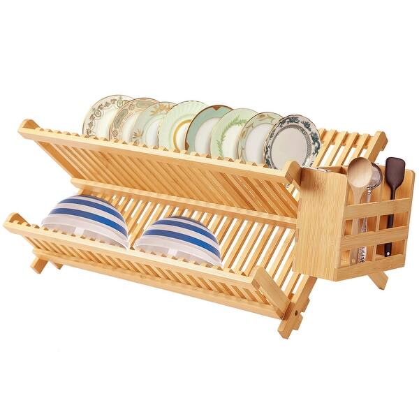 Folding 2 Tier Collapsible Bamboo Dish Rack Drainer Drying W Utensils Holder Kitchen Dining Bar Wandegar Home Garden Cups, glasses and mugs can be rested on the angled shelves, while slots allow for secure holding of many dishes. wandegar