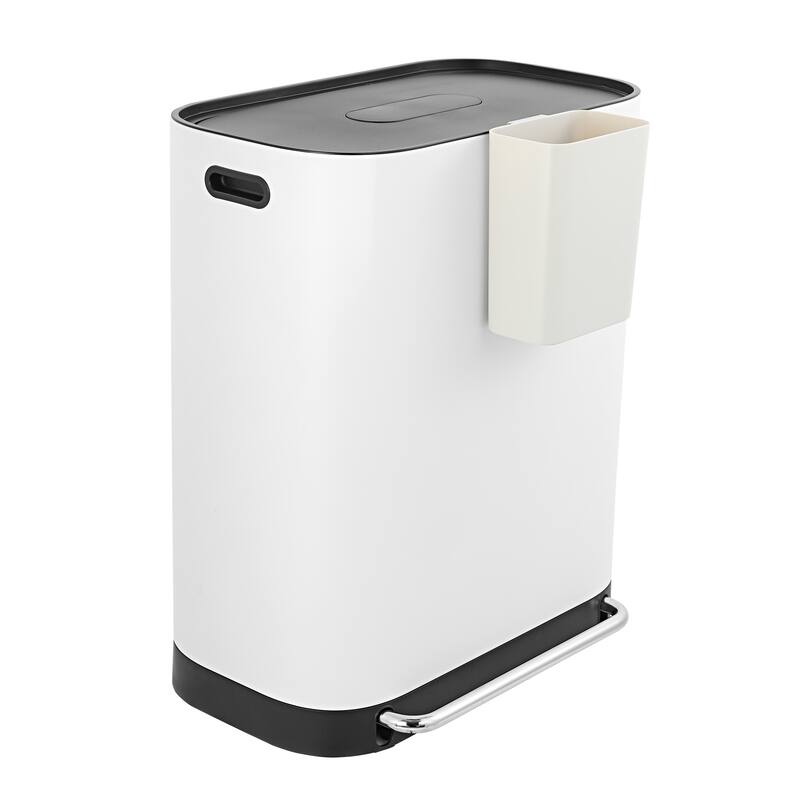 happimess Beni Kitchen Trash/Recycling 16-Gallon Double-Bucket Step-Open Trash Can, Chrome - White