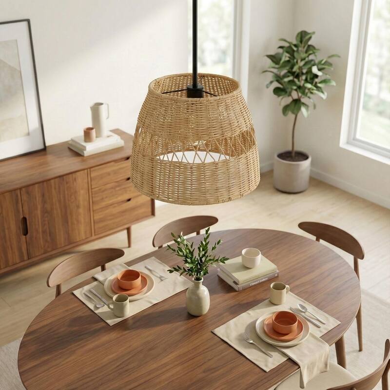 Vina Natural 1-Light Rattan Pendant Light with Black Metal Finish