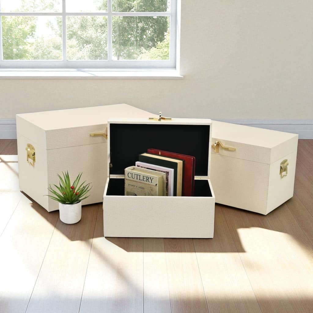 Araminta Set of 3 Rectangular Decorative Storage Trunks - Cream - N/A