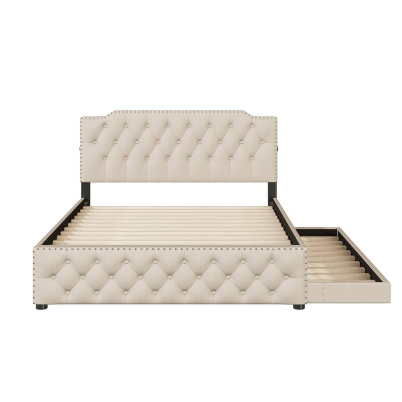 Queen Size Upholstered Platform Bed with Twin Size Trundle and 2 sets of USB Ports on each side, Linen Fabric