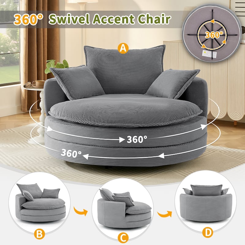 360° Swivel Sofa Chair Accent Barrel Chair 57.5"Swivel Round Chair with Dual-layer Cushion Design and 3 Removable Pillows