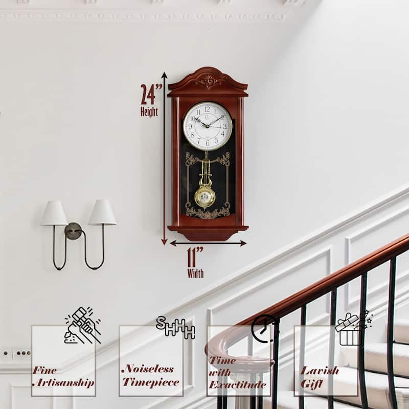 Clockswise Vintage Grandfather Wood-Looking Plastic Pendulum Decorative Battery-Operated Wall Clock Brown, for Home Decor