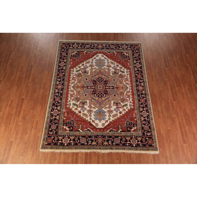 Geometric Ivory Heriz Serapi Indian Area Rug Handmade Wool Carpet - 7'9"x 10'2"