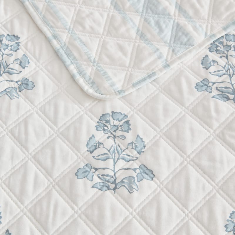 Martha Stewart Flower Block Print Cotton Reversible Blue Quilt Set