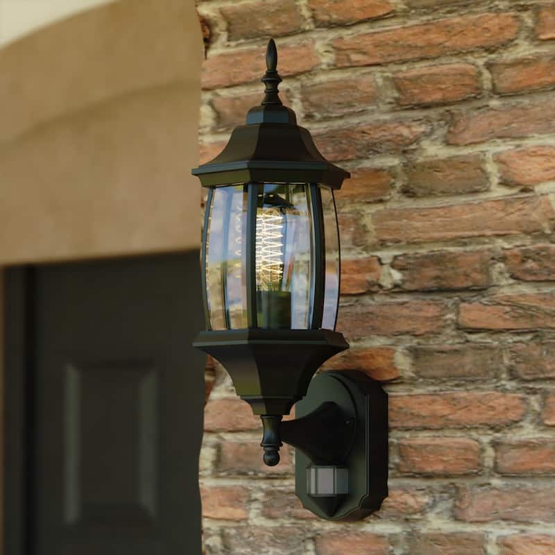 Rogers Park Aluminum 6.25-in. W 1 Light Motion Sensor Dusk to Dawn Outdoor Wall Lantern Clear Glass - Textured Black - 6.5-in W x 17.75-in H x 7-in D