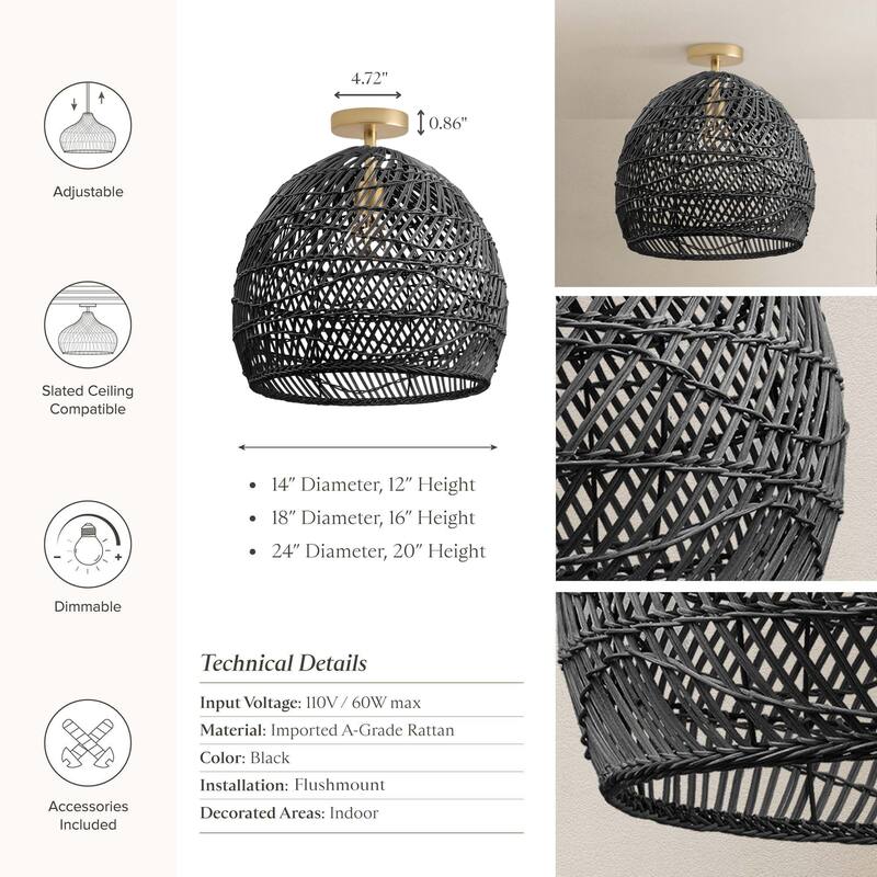 Lunar Rattan Flush Mount Rattan Black 1-Light Handwoven Ceiling Light for Bedroom or Hallway in Modern, Mid-Century, Boho Style
