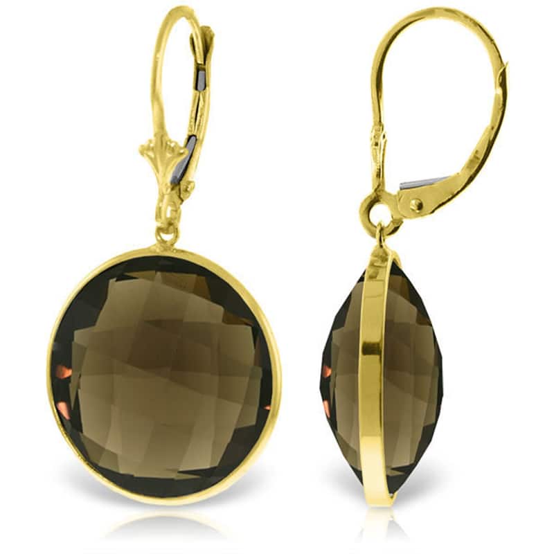 14K Solid Gold Leverback Gemstone Earrings Round Smoky Quartz - Yellow
