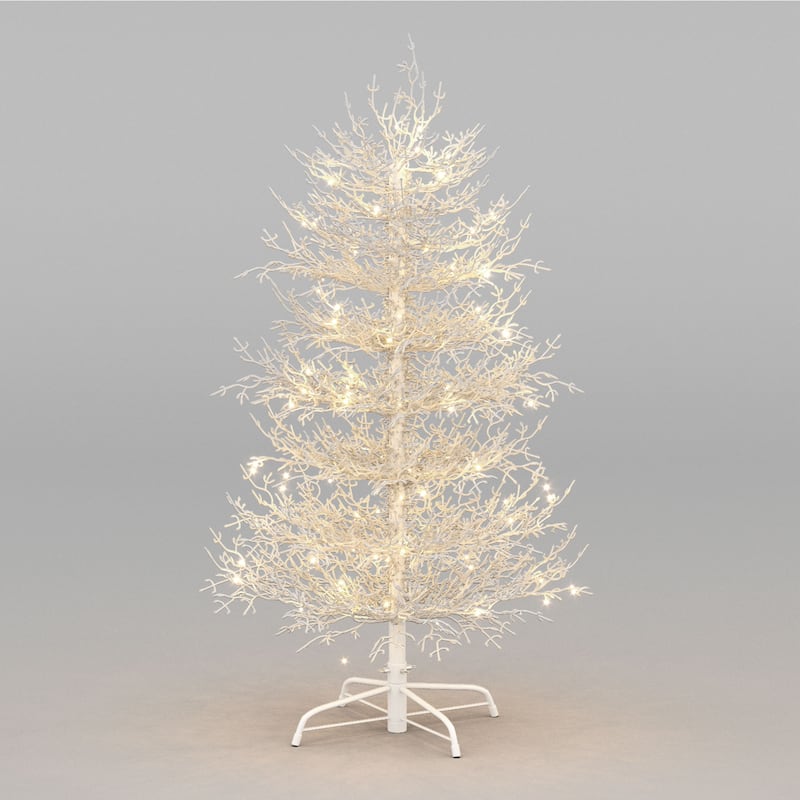 4FT Pre-lit Aspen Fir Artificial Christmas Tree, Hinged Xmas Tree 280 Snow Flocked Branch Tips, 230 Warm Yellow LED Lights