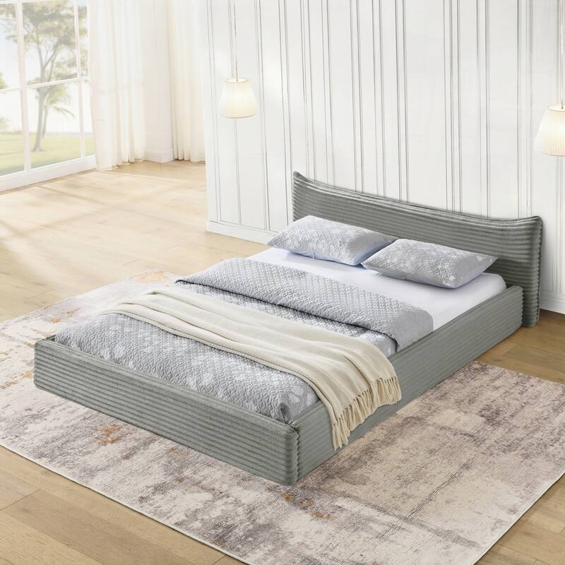 Grounded Platform Bed with Decorative Curved Headboard and Solid Wood Frame