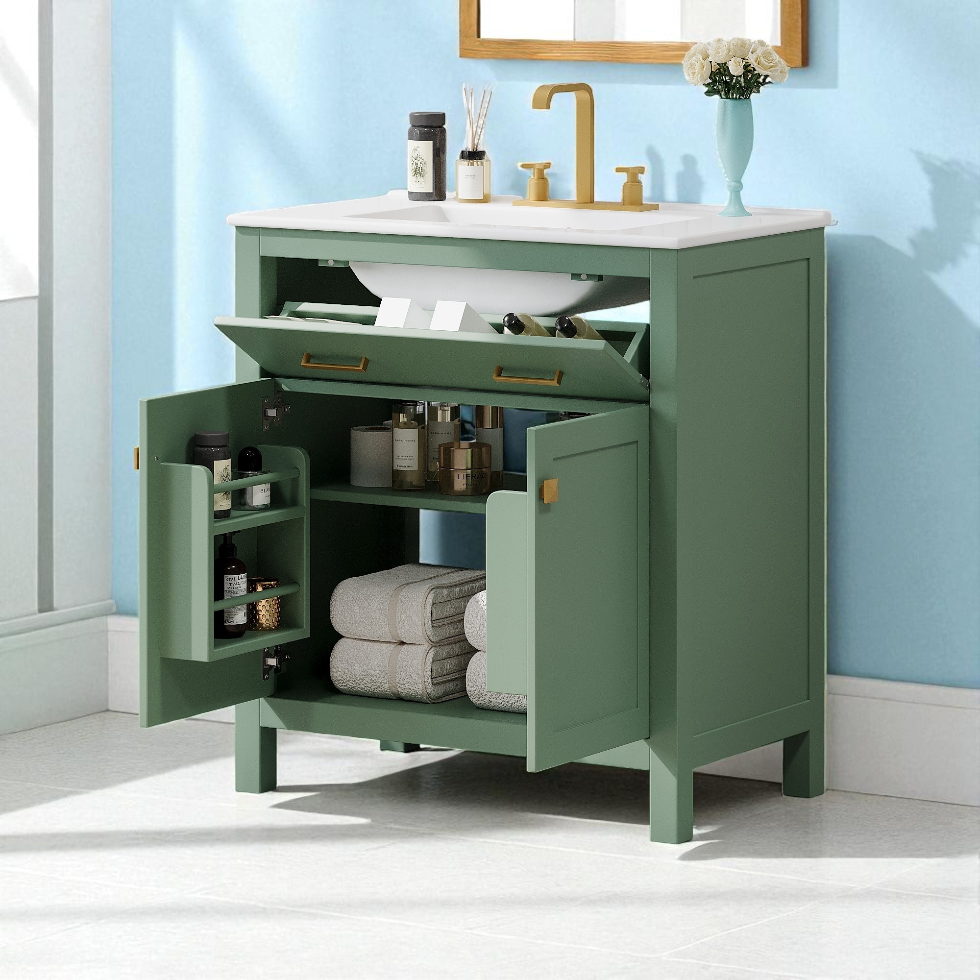 30 Inch Freestanding Bathroom Vanity with Ceramic Sink, Single Cabinet with Doors, Shelf & Flip-Out Drawer