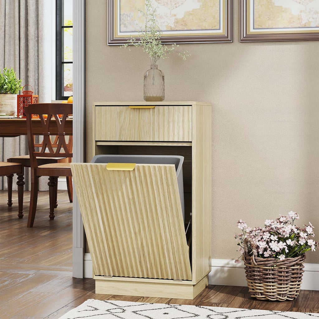 Wood Tilt-Out Trash Can Cabinet with Wave-Textured Hideaway Drawer and Pull-Out Bin,