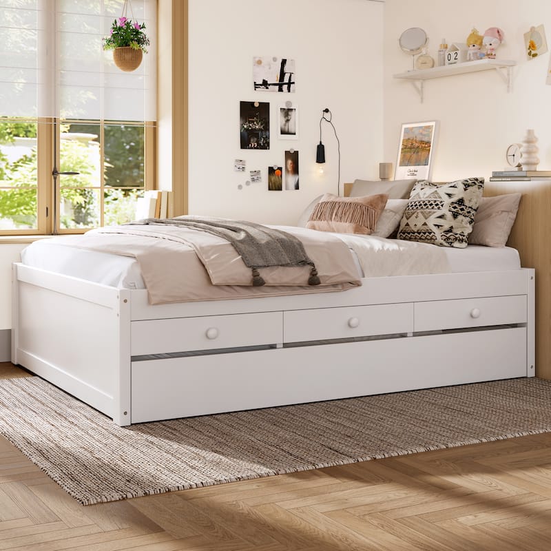 Full/Twin Platform Bed with Trundle, 2 Drawers & Built-in Power Outlets