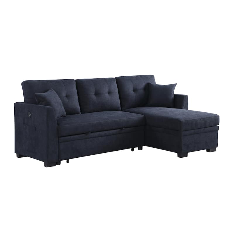 Black Velvet Sectional Sofa Bed with USB, Reversible, Pull Out, Storage Chaise, 82x53x34 inches, 187 lbs
