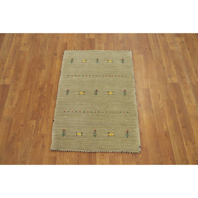 Hand Knotted Oriental 100% Wool Carpet Tribal Animal Pictorial Beige & Ivories Gabbeh Area Rug - 3' 0'' X 2' 0''