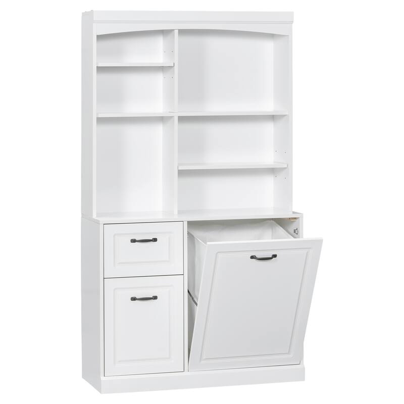 Modern Bathroom Cabinet, Freestanding Linen Tower with Slanted Storage Basket 2 Drawers and Adjustable Shelves, for Bathroom