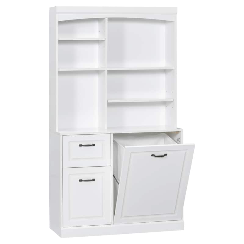 Tall Storage Cabinet, Bathroom Floor Freestanding Storage Cabinet with Doors, Open Shelve, Tilt-Out Laundry Hamper