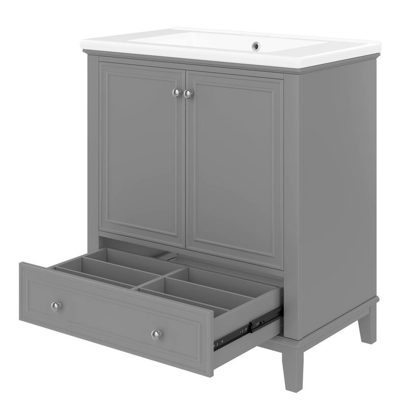 Modern 30" Bathroom Vanity with Ceramic Sink, Storage Cabinet with Door Racks, Detachable Drawer Divider and Adjustable Shelf