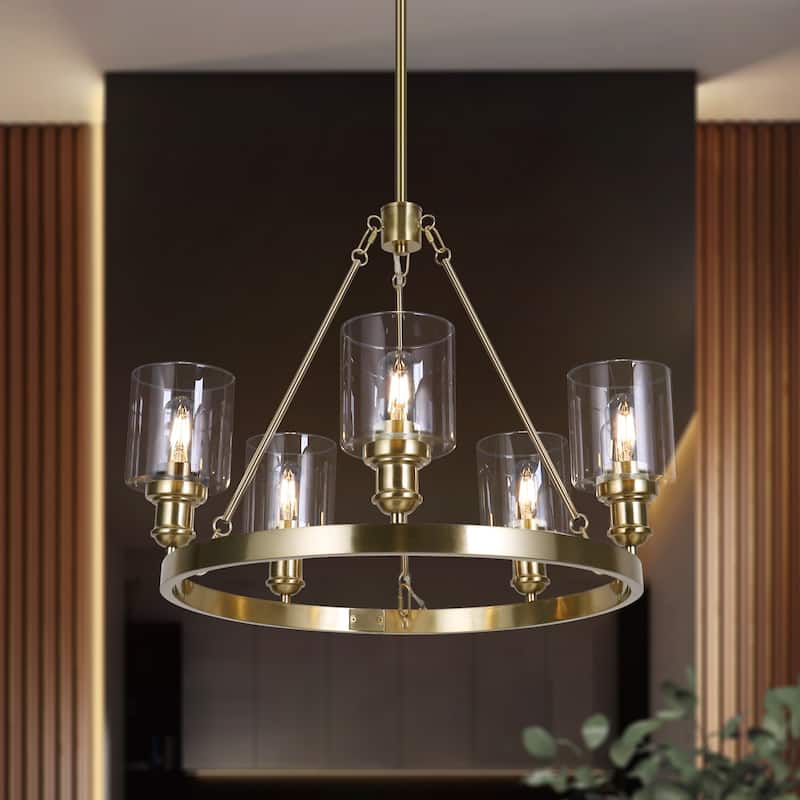 Oriva Modern 5-Light Gold Wagon Wheel Chandelier with Clear Glass Shades - Brushed Electroplated Copper - Dia.25"xH26.5"