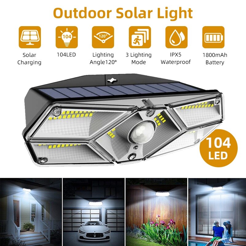 104 LED Garden Security Lamp Solar Power PIR Motion Sensor Wall Light Waterproof 