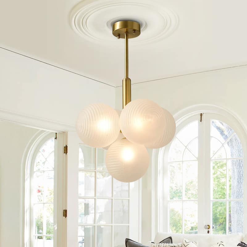 Modern Mid-century Brass Frosted Ribbed Glass Glass Bubble Chandelier