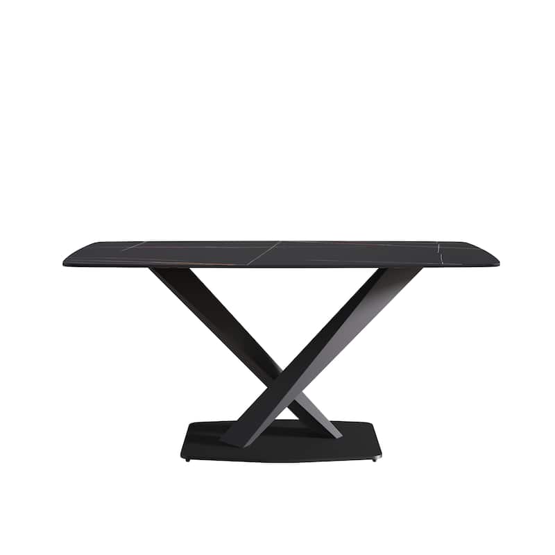 63" Modern Rectangular Sintered Stone Dining Table with Black X-Shaped Carbon Steel Legs