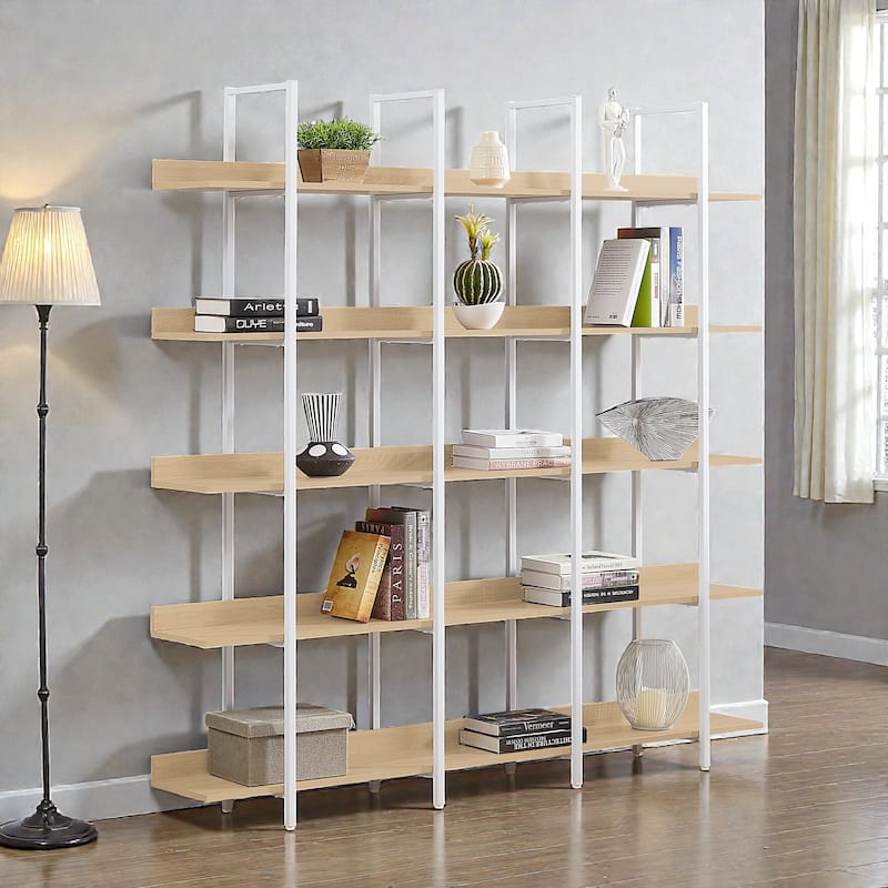 5 Tier Industrial Bookcase, Open Home Office Bookshelf with Metal Frame and MDF Shelves, Vintage Style - White Oak