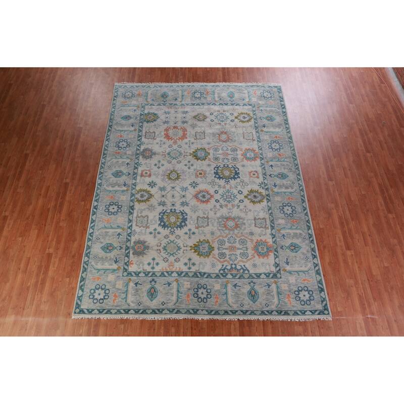 Hand Knotted Oriental 100% Wool Carpet Transitional All-Over Beige & Ivories Oushak Area Rug - 12' 2'' X 9' 1''