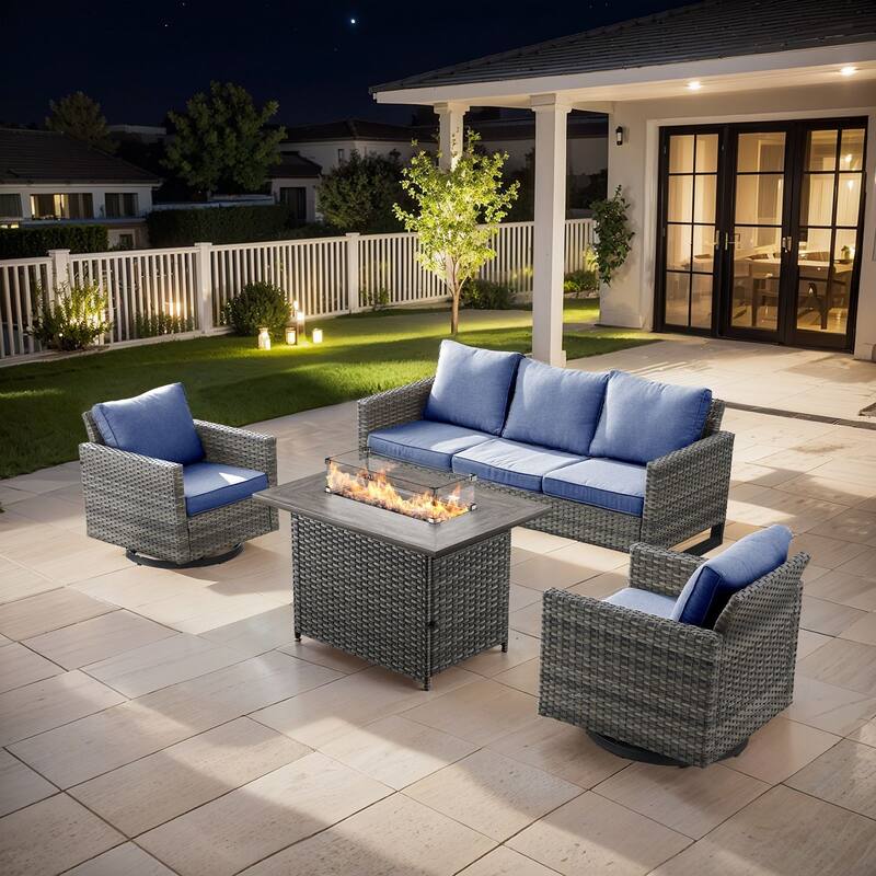 Outdoor Sofa 2 Glider Chairs and Fire Pit Table - Grey - Blue