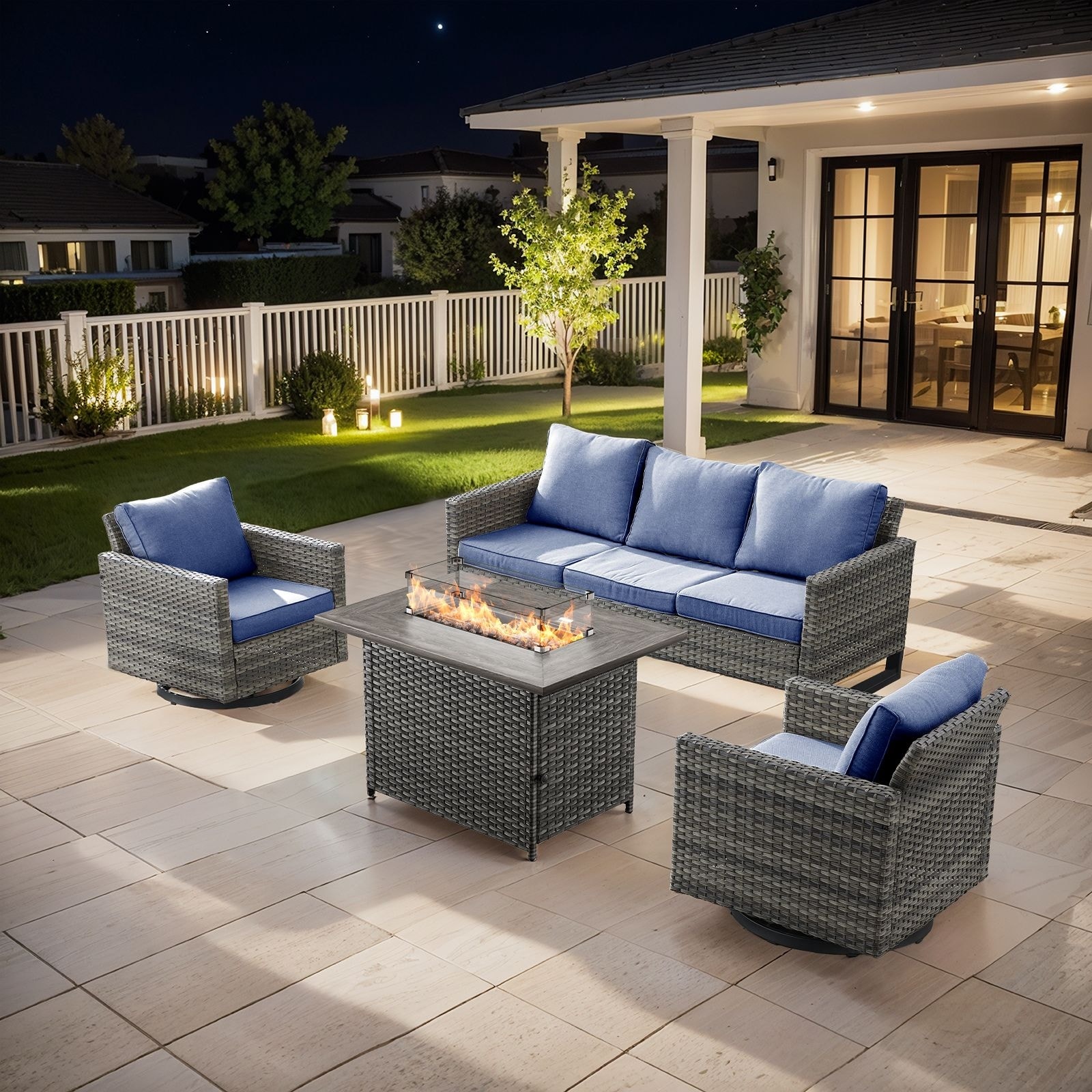 Outdoor Sofa 2 Glider Chairs and Fire Pit Table