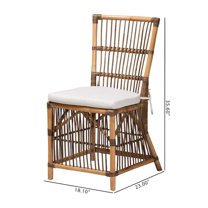 Kim Modern Bohemian White Fabric and Natural Brown Rattan Dining Chair