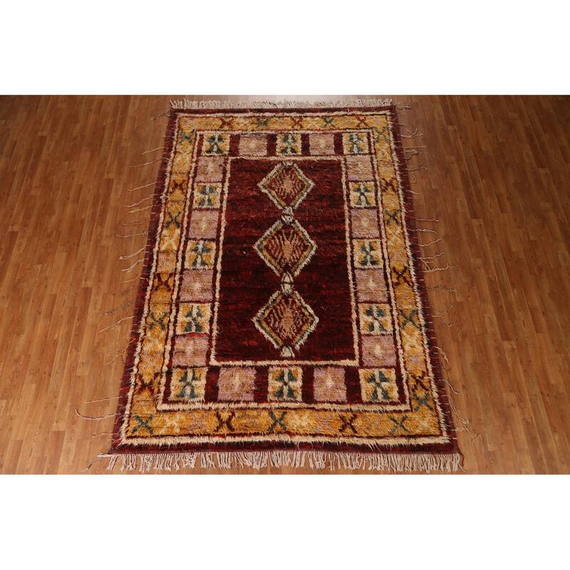 Hand Knotted Oriental 100% Wool Carpet Modern Tribal Red Moroccan Area Rug - 9' 7'' X 6' 8''