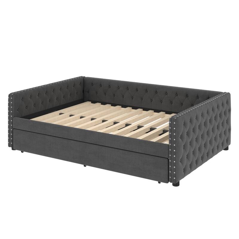 Full Size Linen Fabric Daybed with Button and Copper Nail on Square Arms, Upholstered Tufted Sofa Bed with Twin Trundle