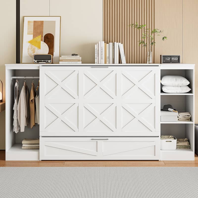 Twin Size Solid Wood Murphy Bed with Pull-Out Drawer,Built-In Wardrobe - Space-Saving Wall Bed with 3-Shelf Bookcase