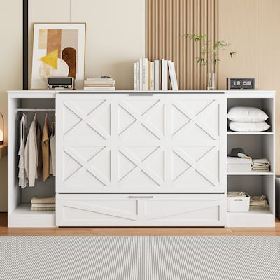 Twin Size Wood Murphy Bed Frame, Solid Pine Wood Living Room Murphy Cabinet with Bedside Shelves, Drawers and Wardrobe