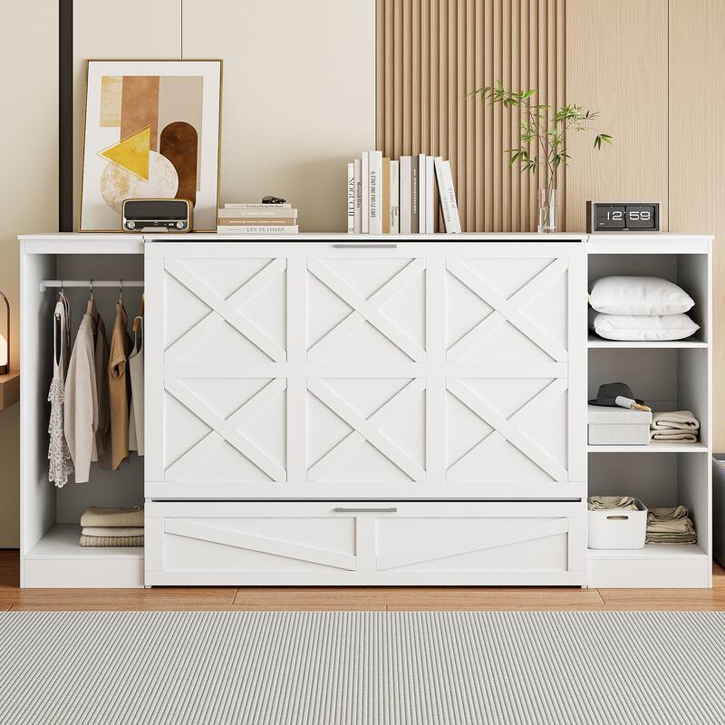 Twin Solid Wood Murphy Bed with Drawer, Built-In Wardrobe & 3-Shelf Bookcase