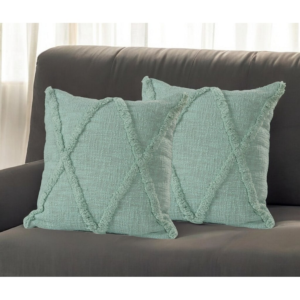 Set of Two Green Diamond Cotton Throw Pillow With Fringe