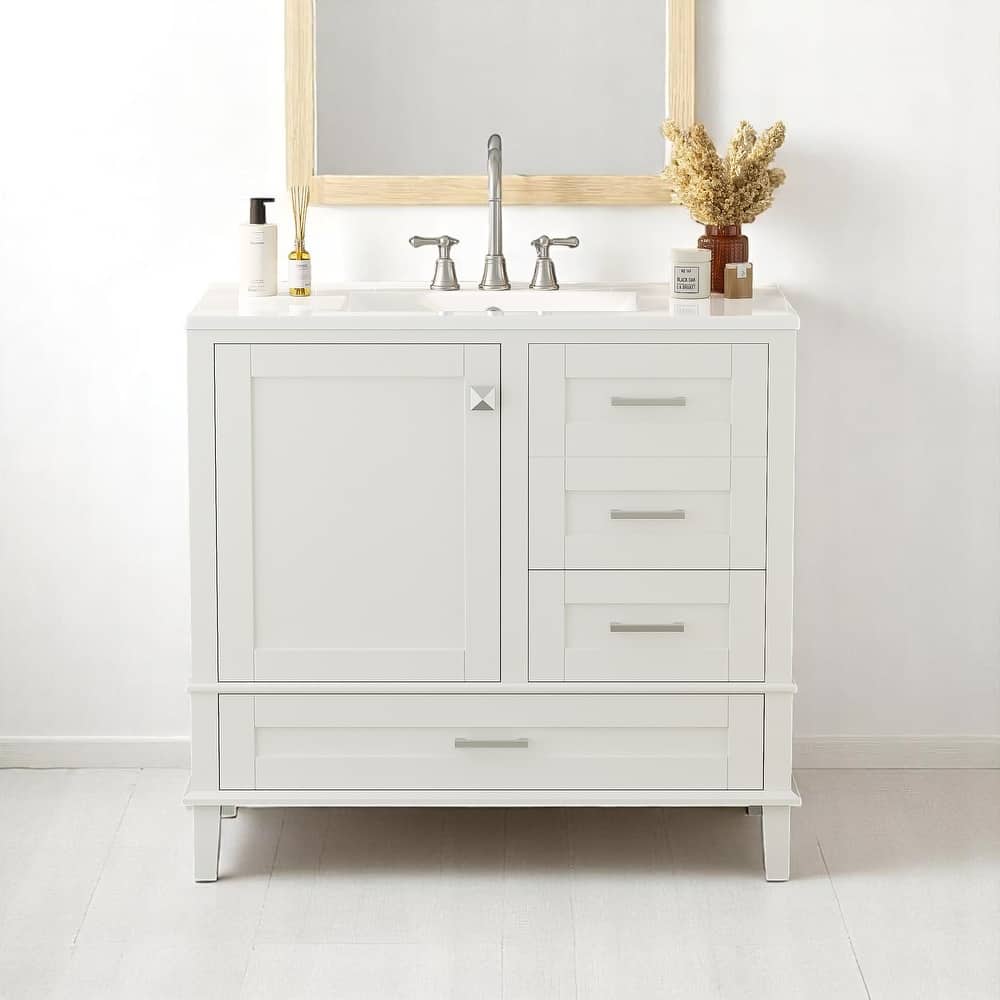 36" Bathroom Vanity with Ceramic Sink, Solid Pine Frame, Soft-Close Door & 3 Drawers - Modern Freestanding Cabinet