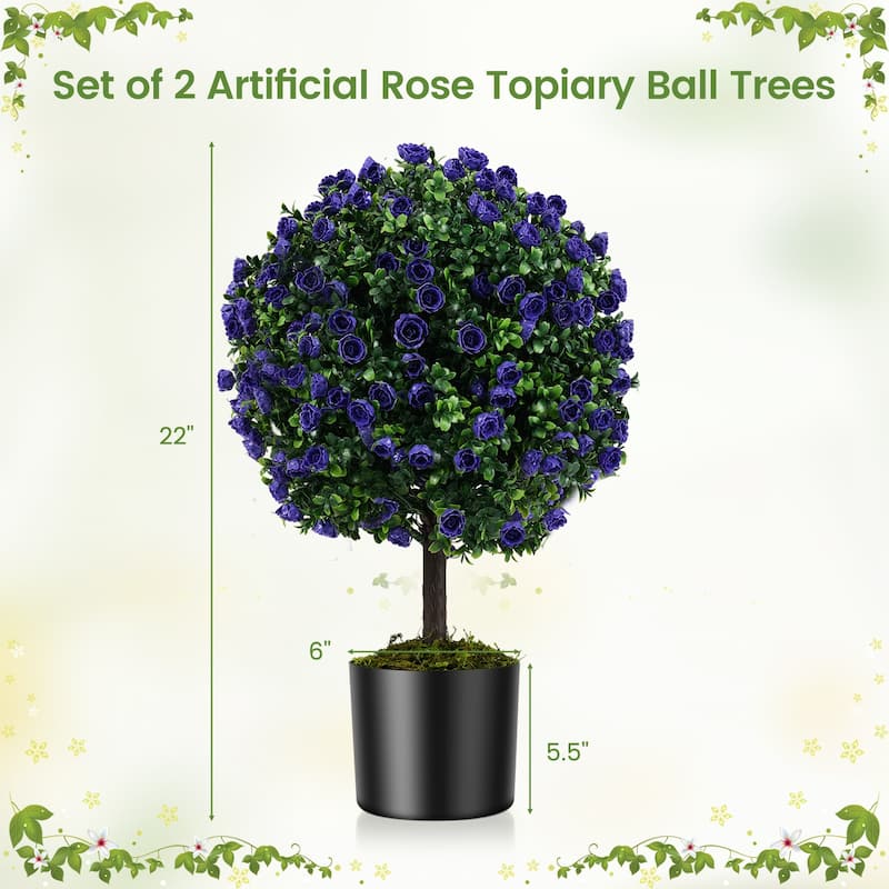 22" Artificial Rose Topiary Ball Tree in Pot Faux Purple Plant Decor for Indoor or Outdoor Use - 22-Inch