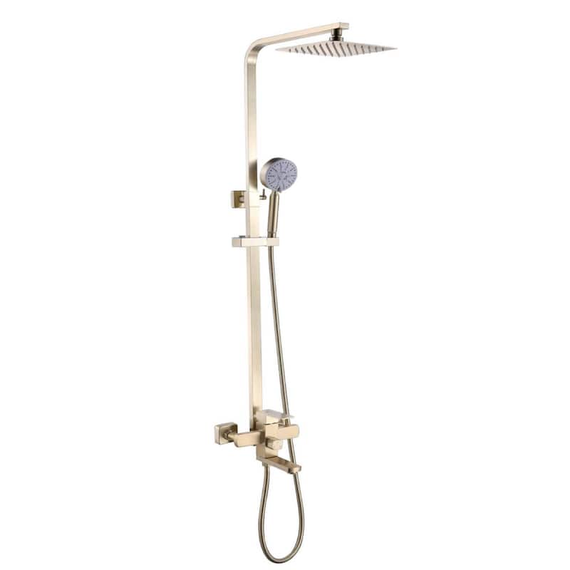 brushed gold wall mounted 3 way exposed shower with tub spout and 8 inch rain head - 7'6" x 10'9"