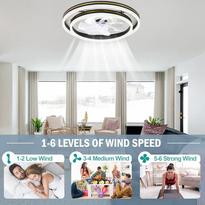 Oaks Aura 20in. LED Smart App Remote Control Low Profile Dual Tier Ceiling Fan Flush Mount Dimmable Bedroom Lighting