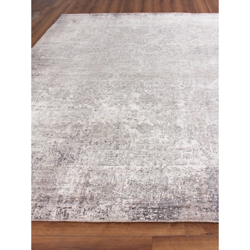 EXQUISITE RUGS Fine Pure Silk Hand-knotted Silk Silver/Ivory Area Rug.